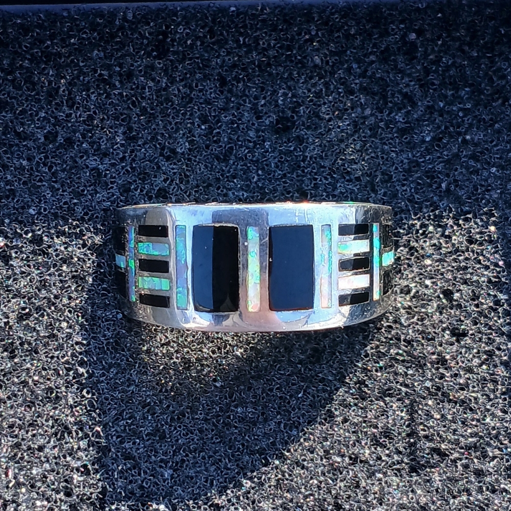 Silver Ring with Black and Green Inlay